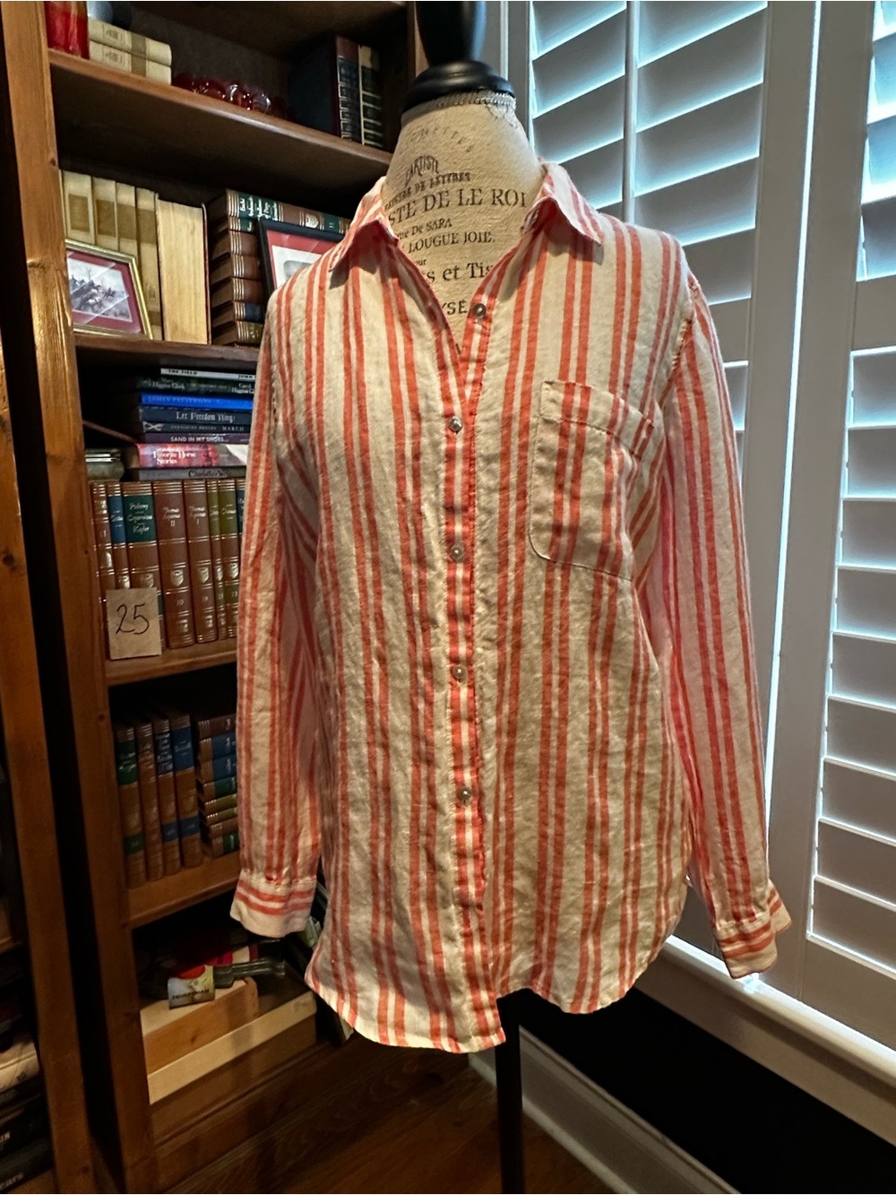 Jones New York Red and White Striped 100% Linen Shirt